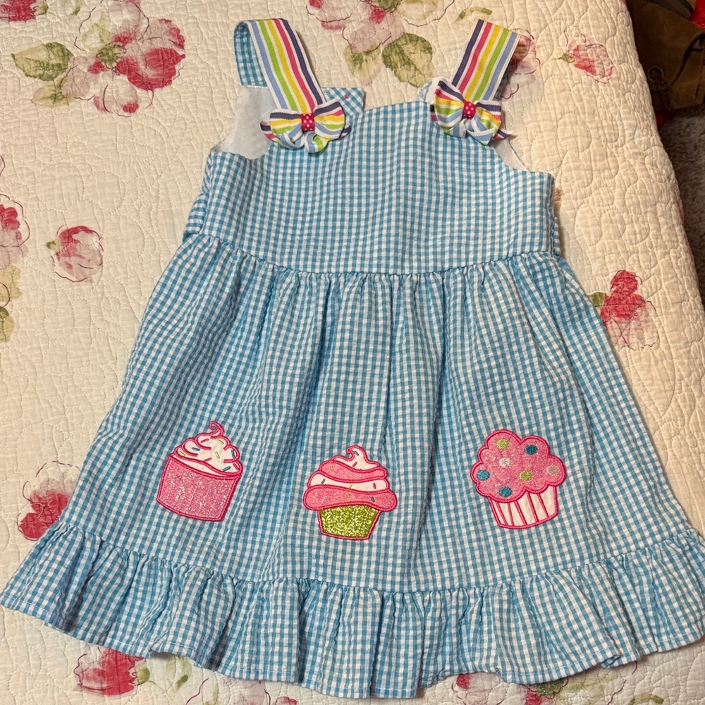 Blue Gingham Kids Dress with Cupcake Appliqué